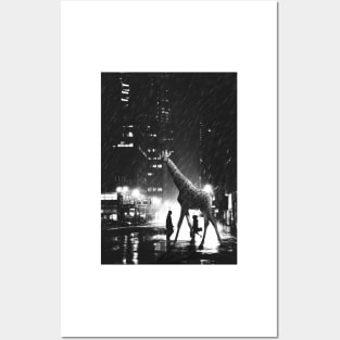Raining Giraffe Night City Black and White Posters and Art